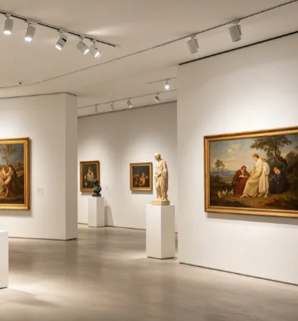 Gallery wall with work lit from a ceiling track