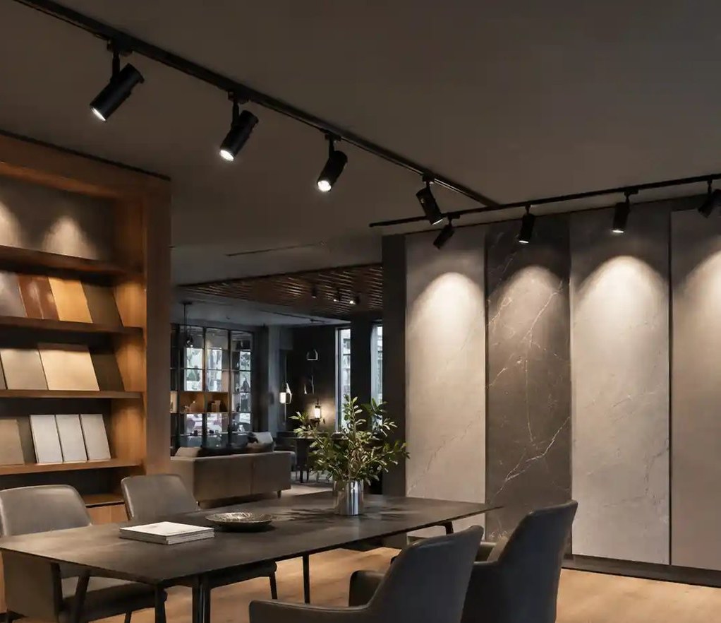 Wide view of a showroom lit by ceiling track runs